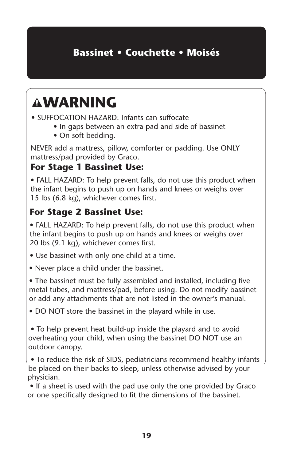Warning, Assinet | Graco Travel Lite PD114224B User Manual | Page 19 / 32