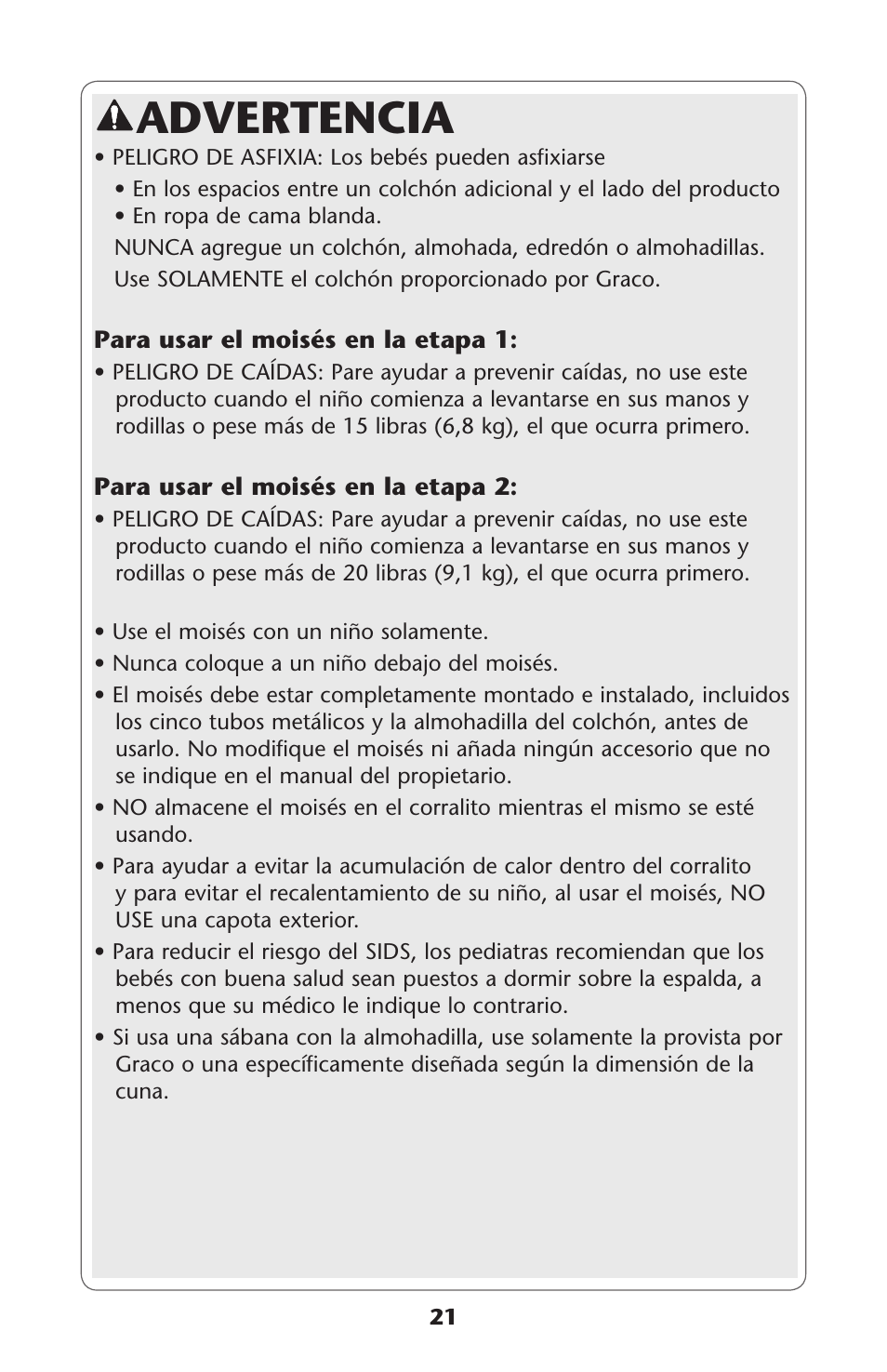 Advertencia | Graco Travel Lite PD114224B User Manual | Page 21 / 32
