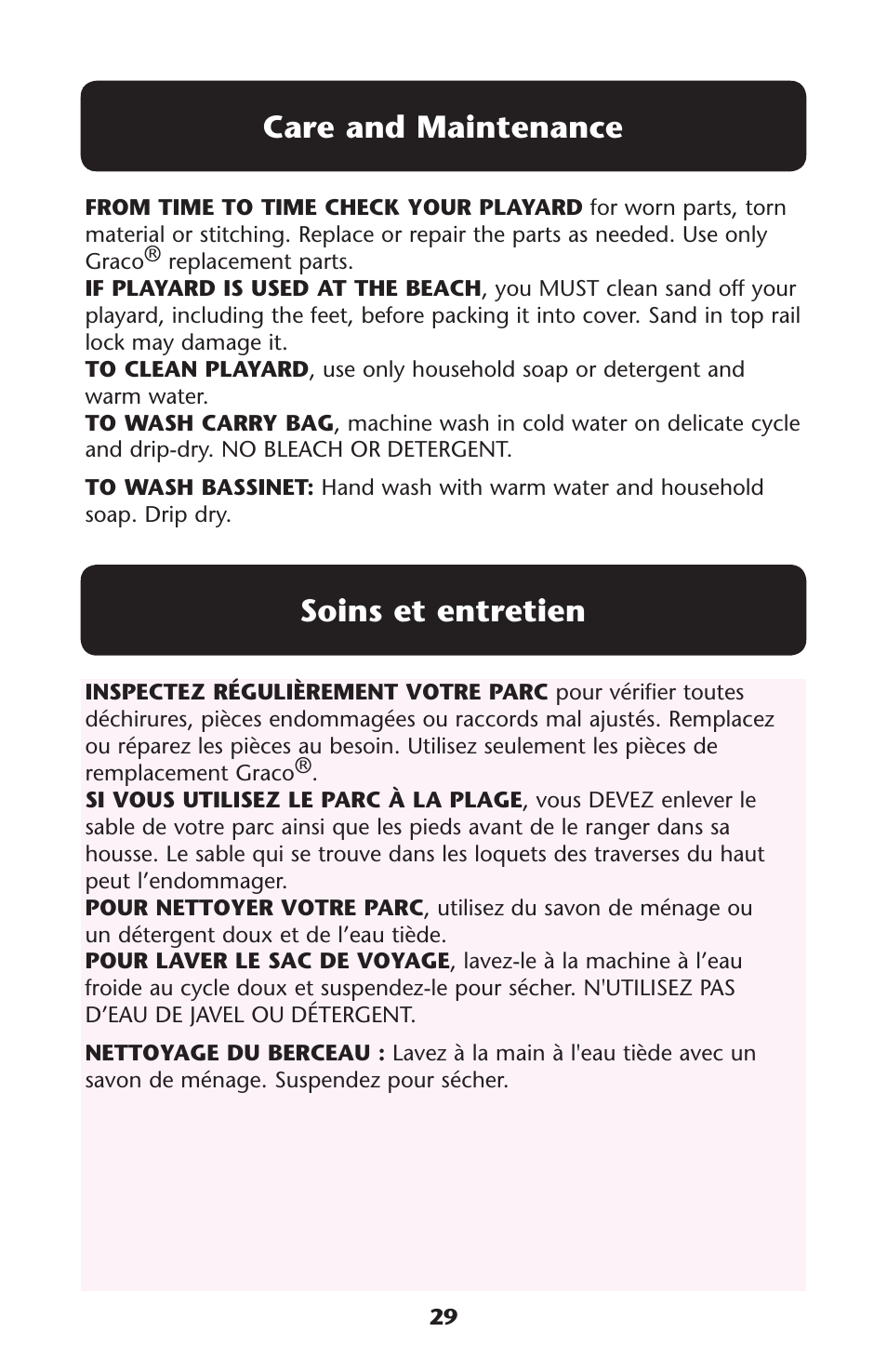 Care and maintenance soins et entretien | Graco Travel Lite PD114224B User Manual | Page 29 / 32