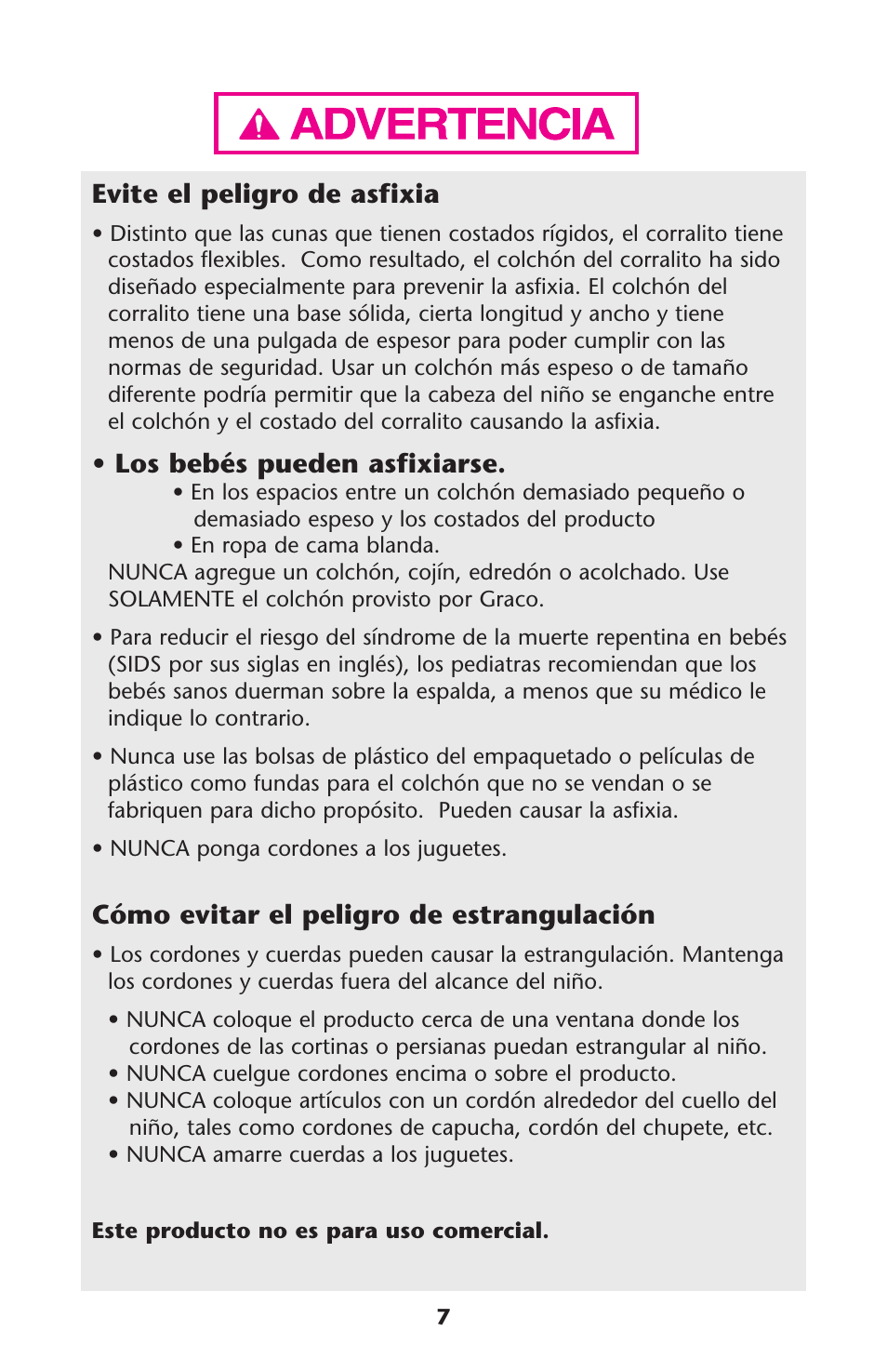 Evite el peligro de asfixia, Cómo evitar el peligro de estrangulación | Graco Travel Lite PD114224B User Manual | Page 7 / 32