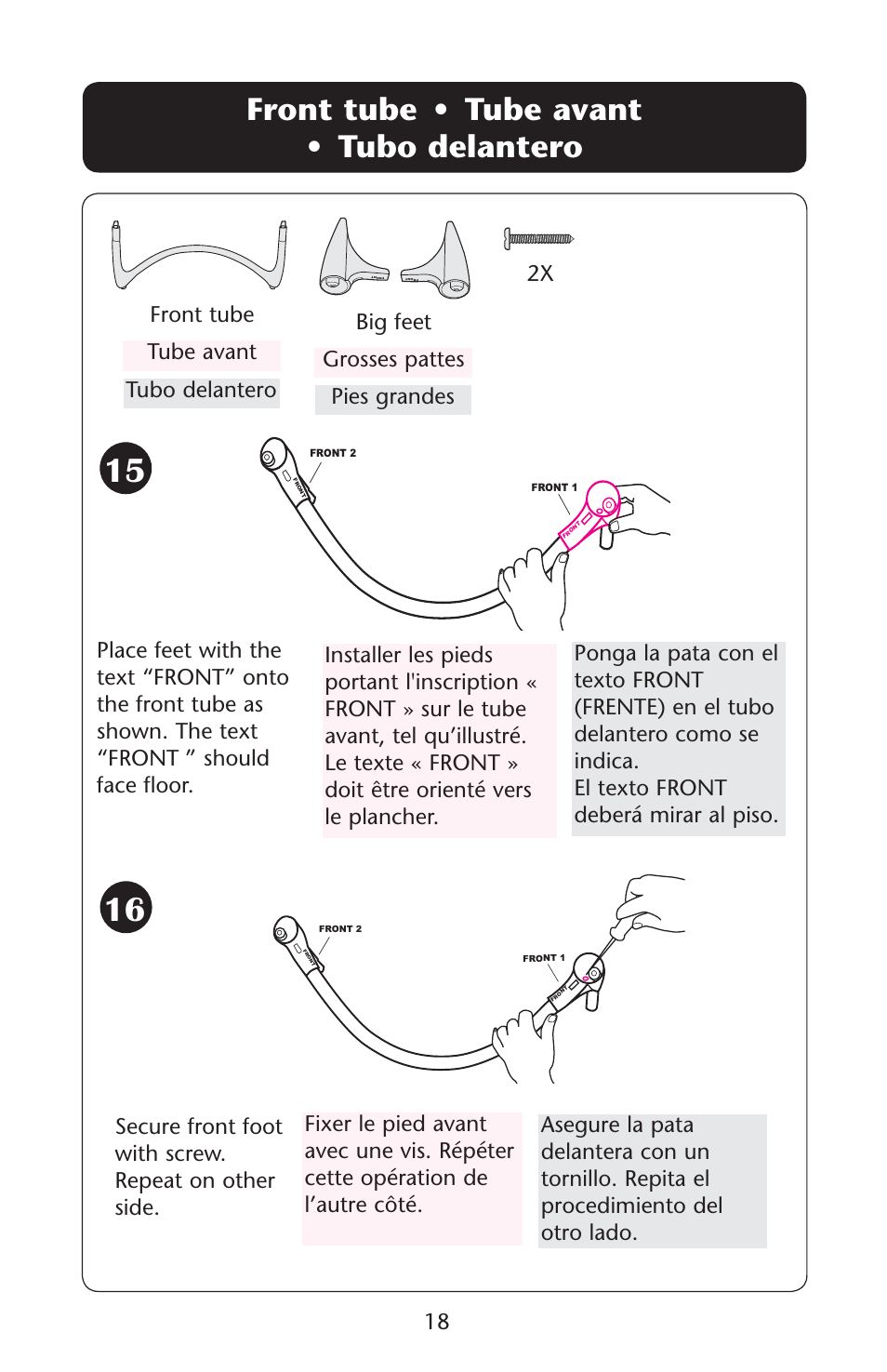 Ront s, Front tube tubo delantero tube avant | Graco Swing 'N Bounce 1764336 User Manual | Page 18 / 52