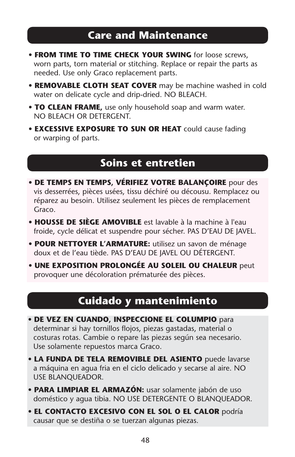 3oins, Uidado | Graco Swing 'N Bounce 1764336 User Manual | Page 48 / 52