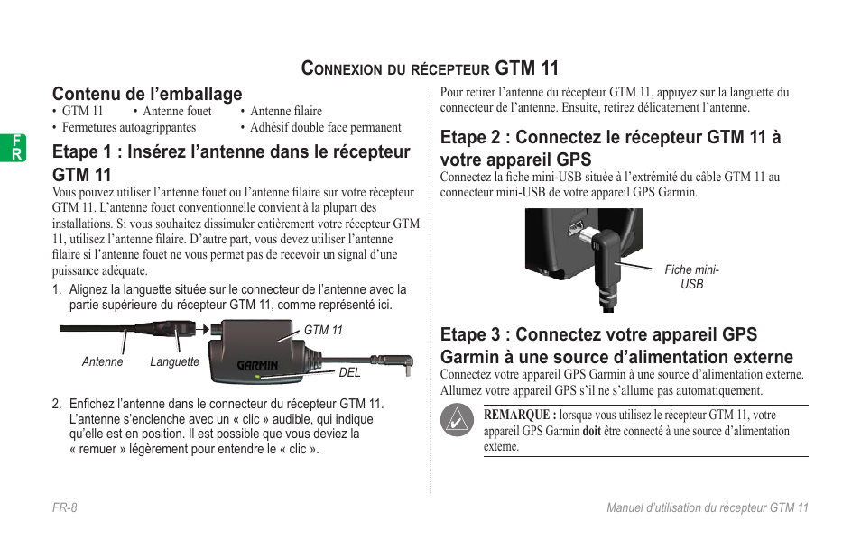 Connexion du récepteur gtm 11, Contenu de l’emballage, Gtm 11 | Garmin GTM 11 User Manual | Page 10 / 68