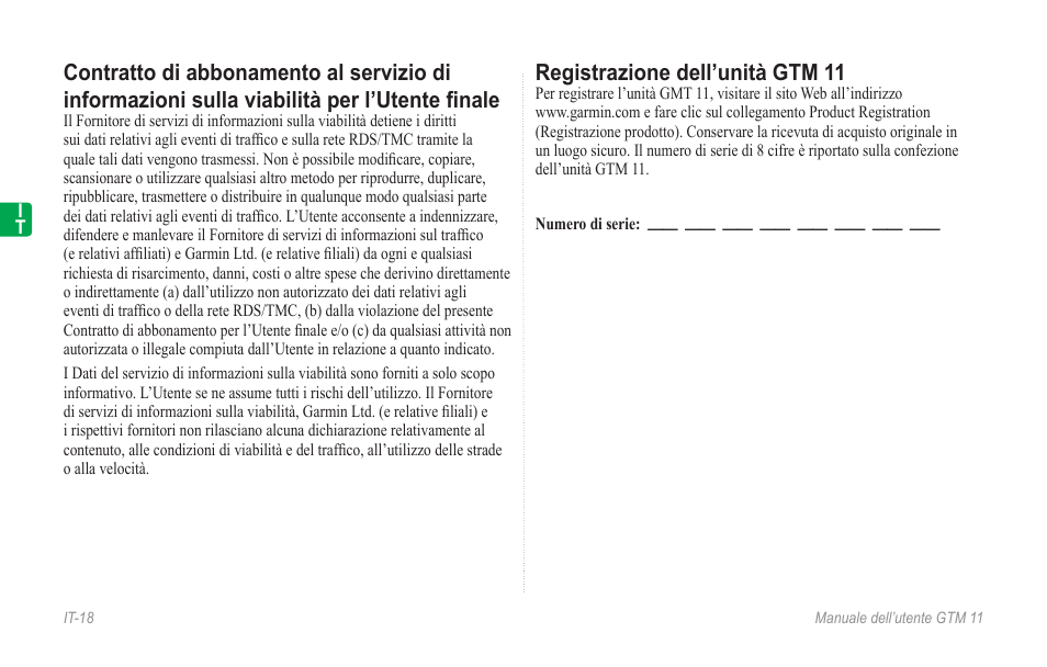 Registrazione dell’unità gtm 11 | Garmin GTM 11 User Manual | Page 20 / 68