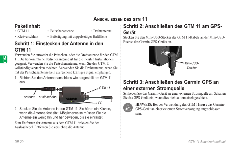 Anschliessen des gtm 11, Paketinhalt, Schritt 1: einstecken der antenne in den gtm 11 | Schritt 2: anschließen des gtm 11 am gps-gerät, Schritt 2: anschließen des gtm 11 am gps- gerät | Garmin GTM 11 User Manual | Page 22 / 68