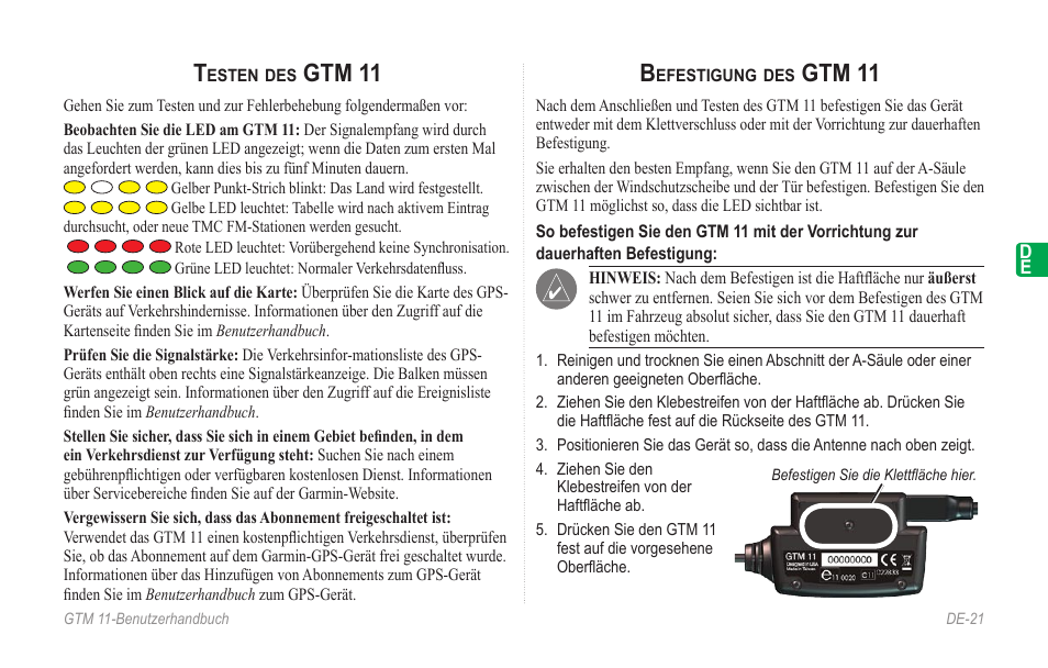 Testen des gtm 11, Befestigung des gtm 11, Gtm 11 | Garmin GTM 11 User Manual | Page 23 / 68