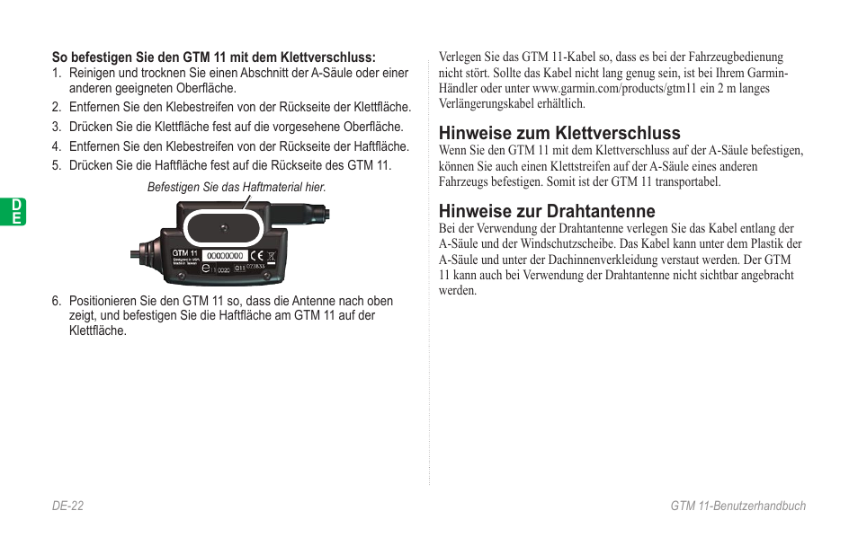 Hinweise zum klettverschluss, Hinweise zur drahtantenne | Garmin GTM 11 User Manual | Page 24 / 68