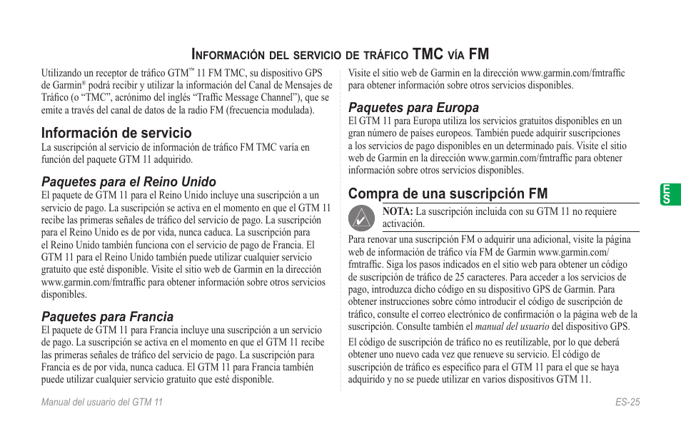 Español, Información del servicio de tráfico tmc vía fm, Información de servicio | Compra de una suscripción fm | Garmin GTM 11 User Manual | Page 27 / 68