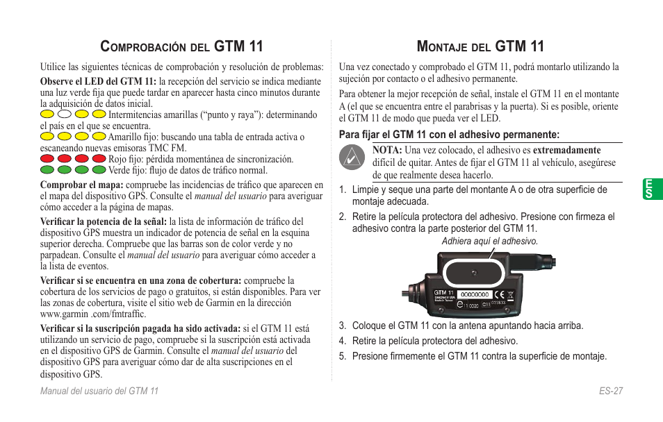 Comprobación del gtm 11, Montaje del gtm 11, Gtm 11 | Garmin GTM 11 User Manual | Page 29 / 68