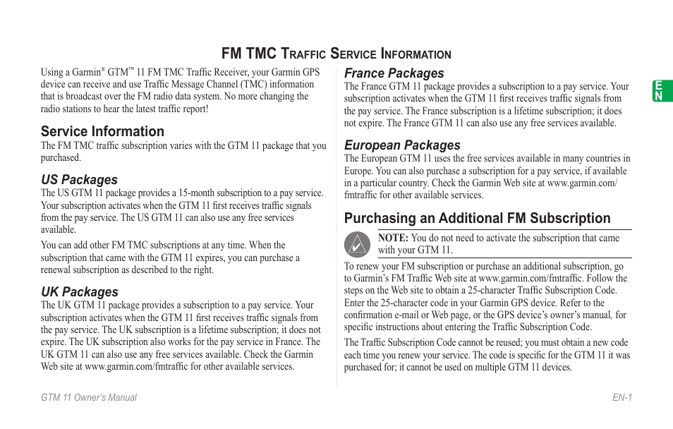 English, Fm tmc traffic service information, Service information | Purchasing an additional fm subscription, Fm tmc t | Garmin GTM 11 User Manual | Page 3 / 68