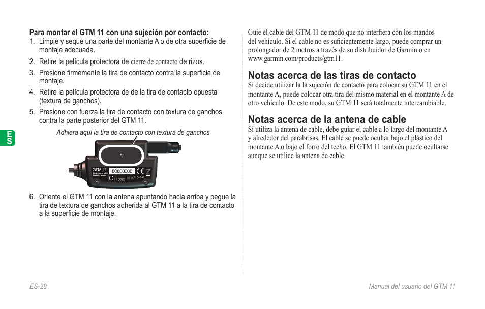 Notas acerca de las tiras de contacto, Notas acerca de la antena de cable | Garmin GTM 11 User Manual | Page 30 / 68