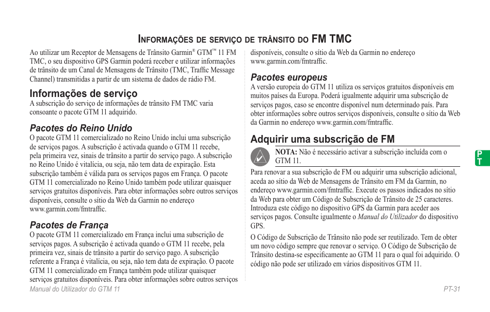 Português, Informações de serviço de trânsito do fm tmc, Informações de serviço | Adquirir uma subscrição de fm, Fm tmc | Garmin GTM 11 User Manual | Page 33 / 68