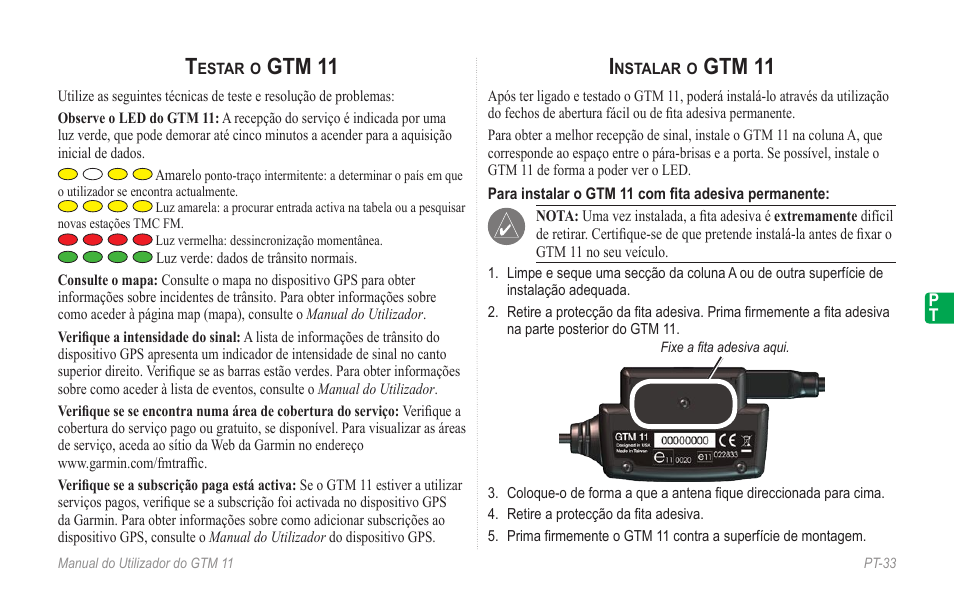 Testar o gtm 11, Instalar o gtm 11, Gtm 11 | Garmin GTM 11 User Manual | Page 35 / 68