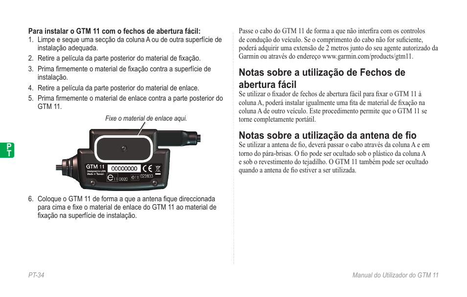 Notas sobre a utilização da antena de fio, Notas sobre a utilização da antena de ﬁo | Garmin GTM 11 User Manual | Page 36 / 68