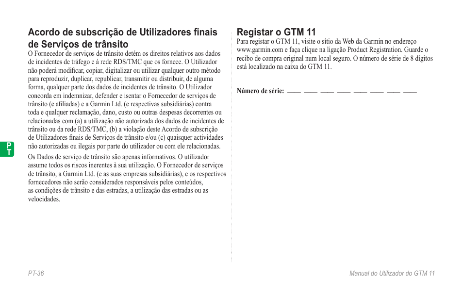 Registar o gtm 11 | Garmin GTM 11 User Manual | Page 38 / 68