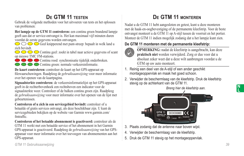 De gtm 11 testen, De gtm 11 monteren, Gtm 11 | Garmin GTM 11 User Manual | Page 41 / 68