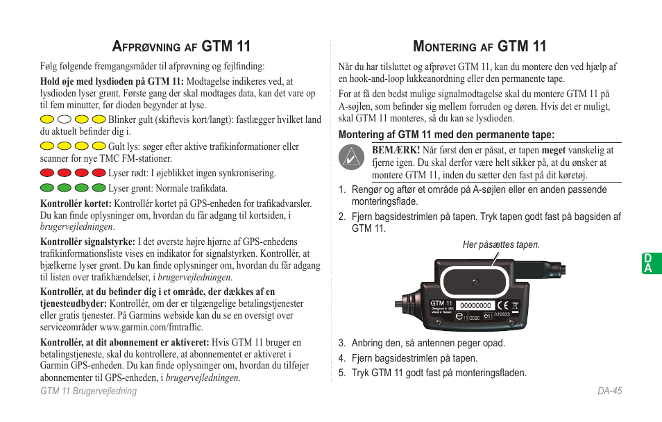 Afprøvning af gtm 11, Montering af gtm 11, Gtm 11 | Garmin GTM 11 User Manual | Page 47 / 68