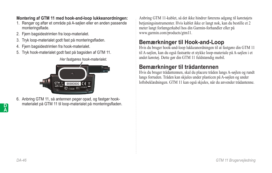 Bemærkninger til hook-and-loop, Bemærkninger til trådantennen | Garmin GTM 11 User Manual | Page 48 / 68