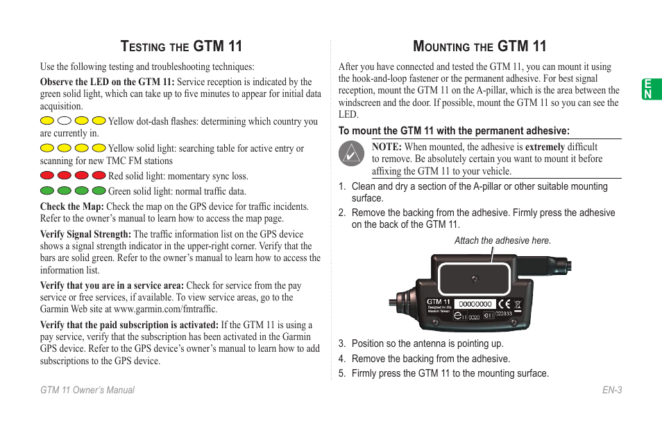 Testing the gtm 11, Mounting the gtm 11, Gtm 11 | Garmin GTM 11 User Manual | Page 5 / 68