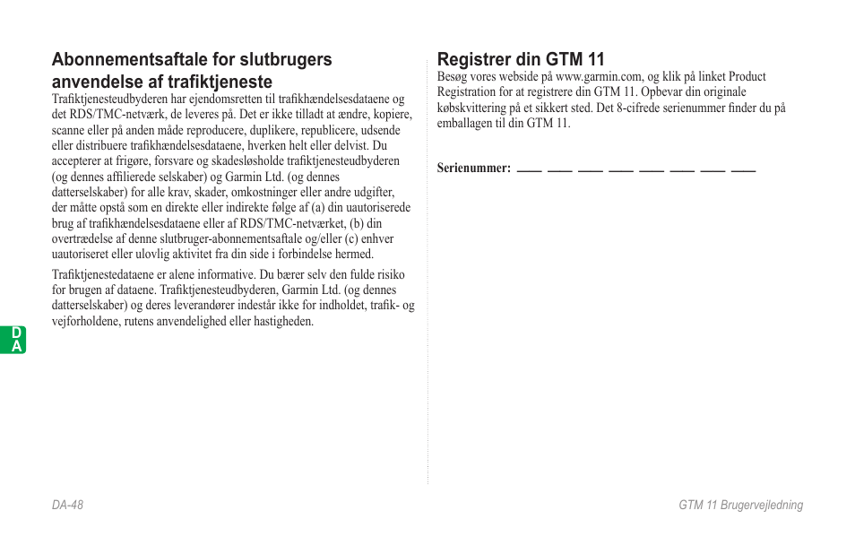 Registrer din gtm 11 | Garmin GTM 11 User Manual | Page 50 / 68