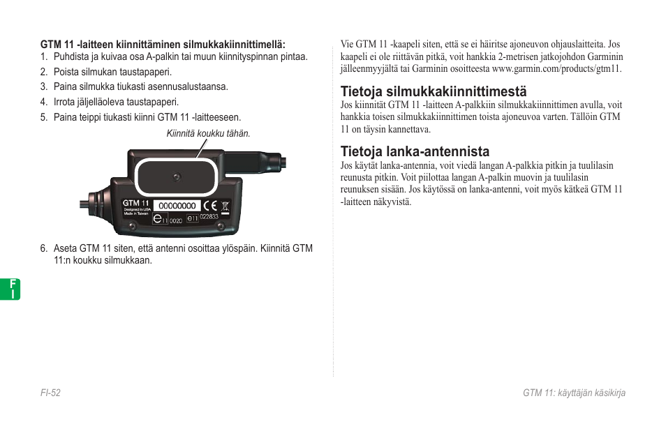 Tietoja silmukkakiinnittimestä, Tietoja lanka-antennista | Garmin GTM 11 User Manual | Page 54 / 68