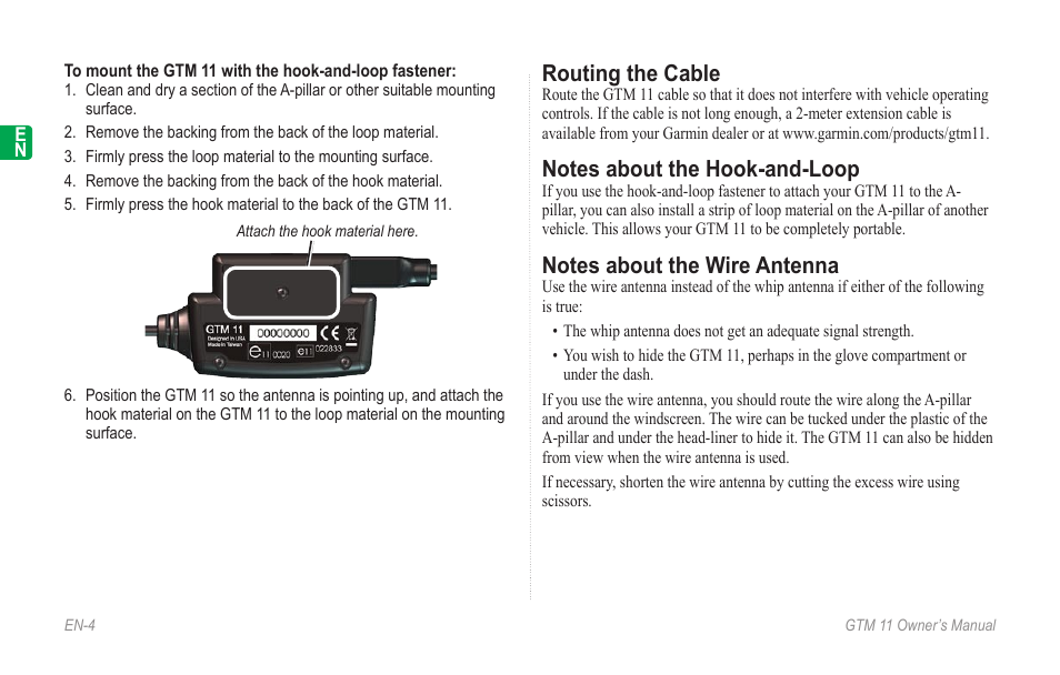 Routing the cable, Notes about the hook-and-loop, Notes about the wire antenna | Garmin GTM 11 User Manual | Page 6 / 68