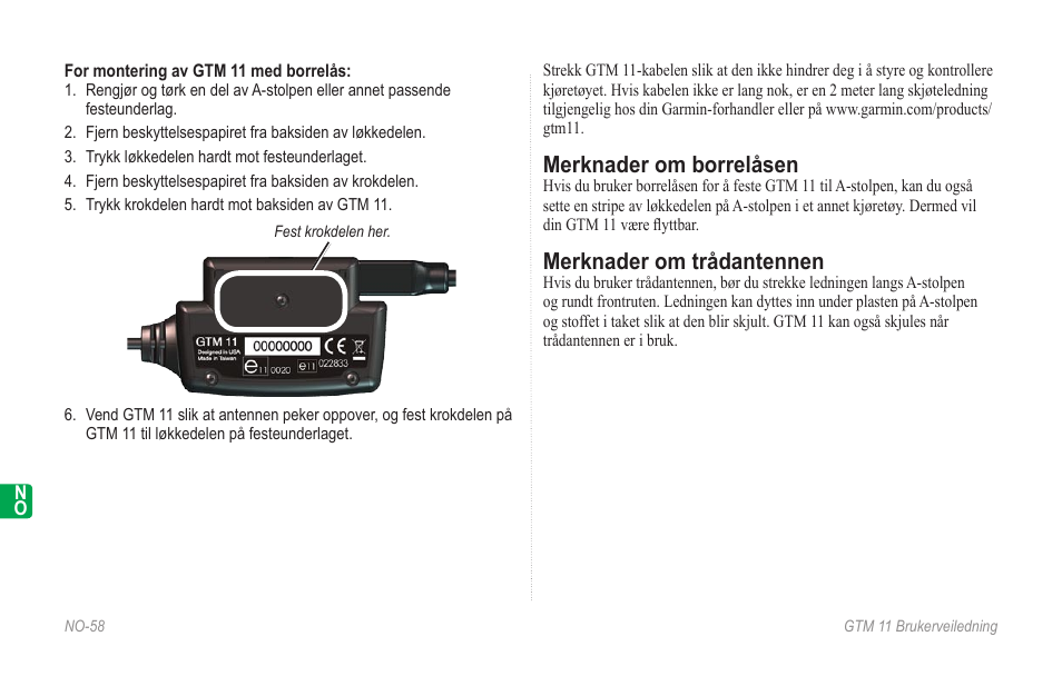 Merknader om borrelåsen, Merknader om trådantennen | Garmin GTM 11 User Manual | Page 60 / 68