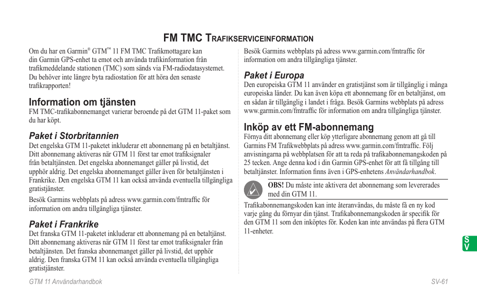 Svenska, Fm tmc trafikserviceinformation, Information om tjänsten | Inköp av ett fm-abonnemang, Fm tmc t | Garmin GTM 11 User Manual | Page 63 / 68