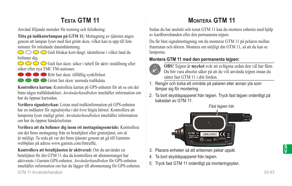 Testa gtm 11, Montera gtm 11, Gtm 11 | Garmin GTM 11 User Manual | Page 65 / 68