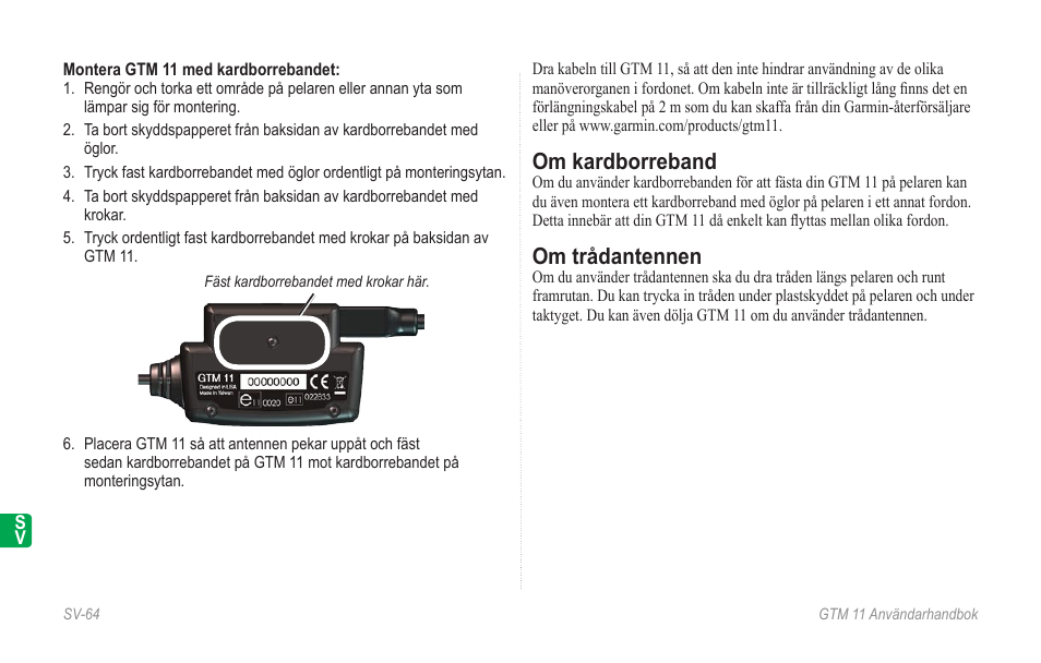 Om kardborreband, Om trådantennen | Garmin GTM 11 User Manual | Page 66 / 68