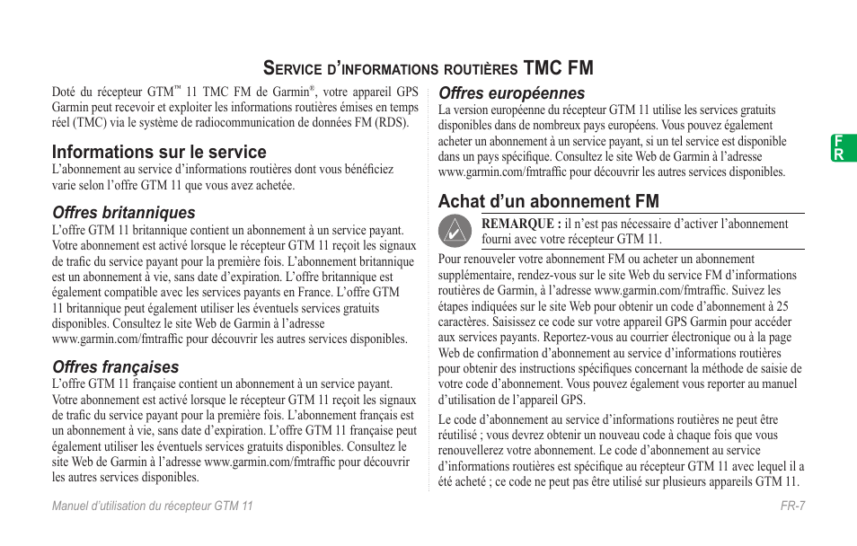 Français, Service d’informations routières tmc fm, Informations sur le service | Achat d’un abonnement fm, Tmc fm | Garmin GTM 11 User Manual | Page 9 / 68