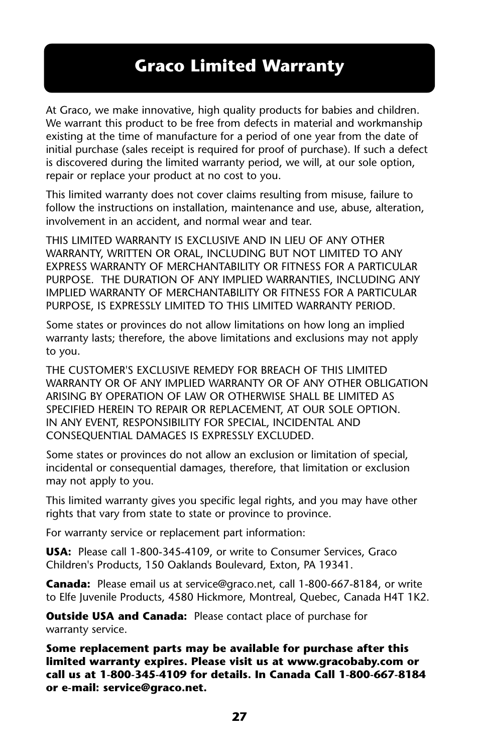 Graco limited warranty | Graco HARMONY High Chair User Manual | Page 27 / 32
