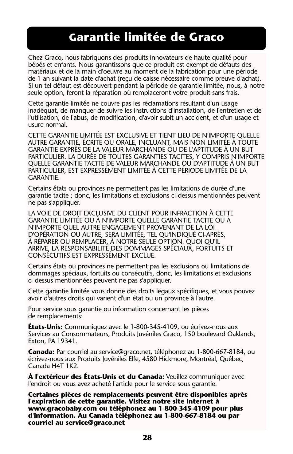 Arantie limitée de graco | Graco HARMONY High Chair User Manual | Page 28 / 32