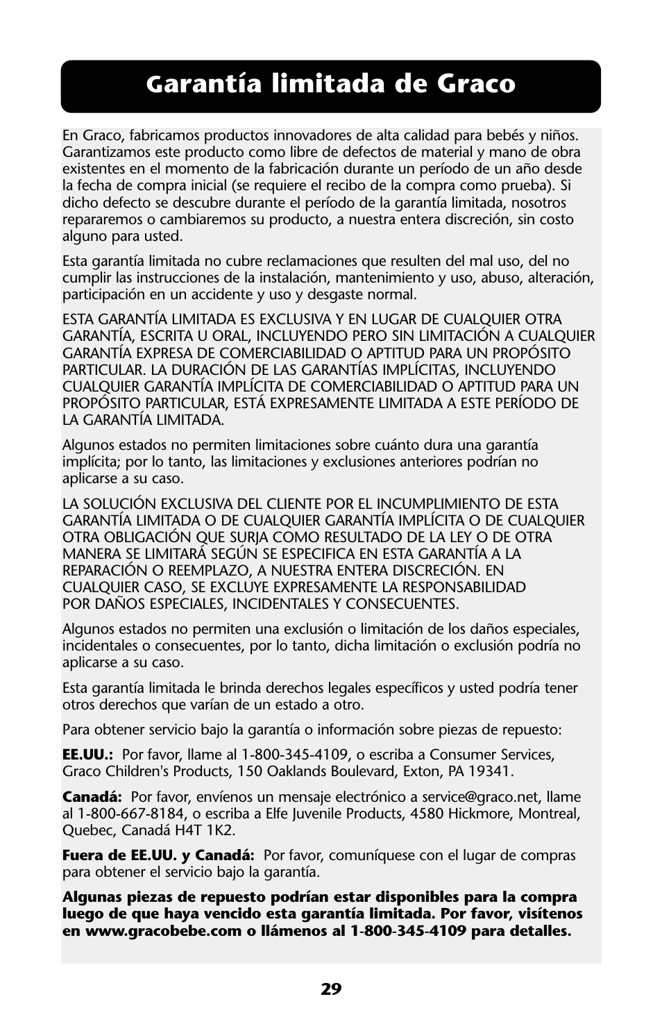 Arantía limitada de graco | Graco HARMONY High Chair User Manual | Page 29 / 32