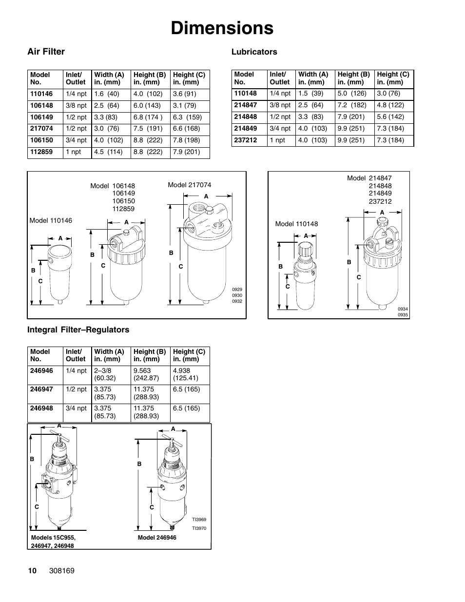 Dimensions, Air filter | Graco 308169J User Manual | Page 10 / 16