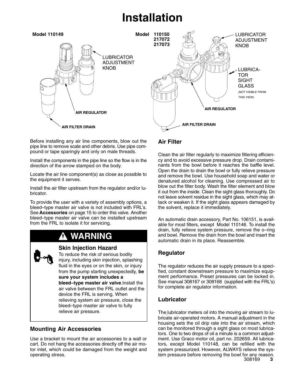Installation, Warning | Graco 308169J User Manual | Page 3 / 16