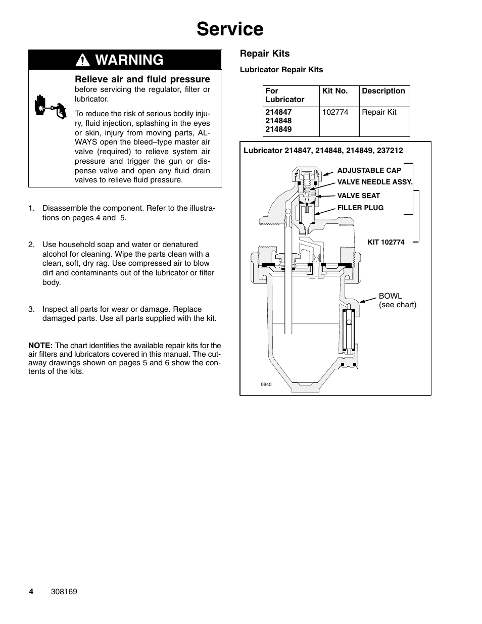 Service, Warning | Graco 308169J User Manual | Page 4 / 16