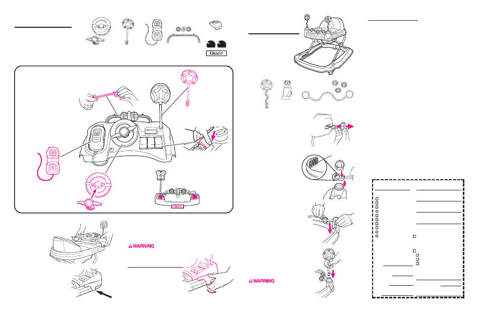 Installing the toy gym (on certain models), Installing the playtray (on certain models), Replacement parts | Removing the playtray, If you need help, Model number, Ship to, Parts list, Price | Graco 4430 User Manual | Page 5 / 6