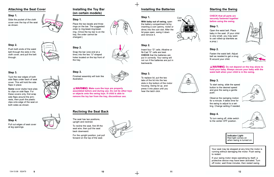 Starting the swing, Installing the batteries, Reclining the seat back | Graco 1421 User Manual | Page 6 / 7