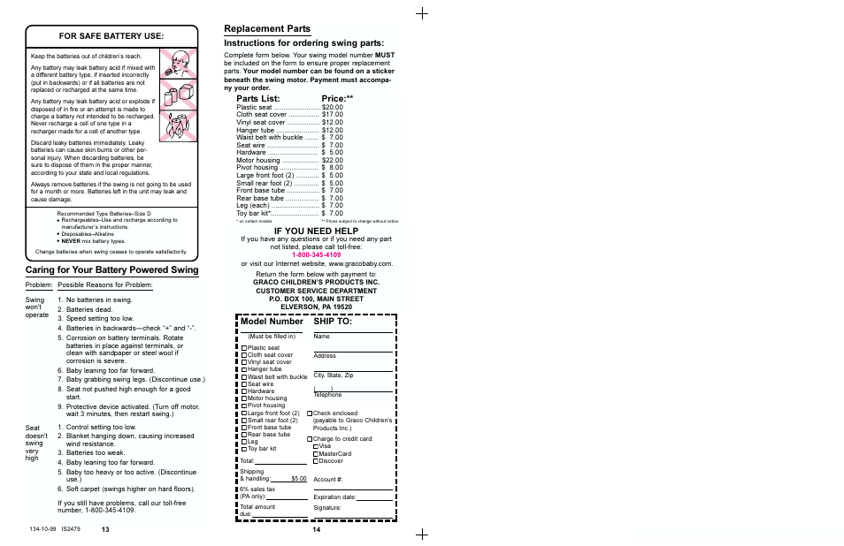 Replacement parts, Caring for your battery powered swing, Instructions for ordering swing parts | Model number, Ship to, Parts list, Price, If you need help, For safe battery use | Graco 1421 User Manual | Page 7 / 7
