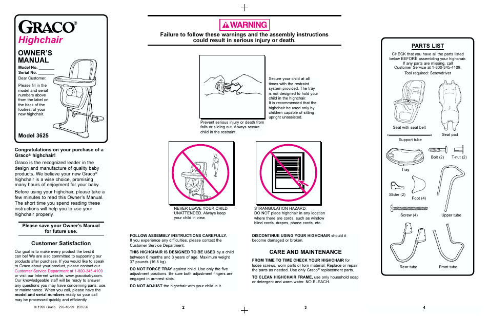 Highchair, Owners manual, Customer satisfaction | Model 3625, Care and maintenance, Parts list | Graco 3625 User Manual | Page 2 / 6