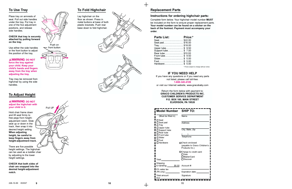 Replacement parts, Model number, Shipto | Parts list, Price, If you need help, Instructions for ordering highchair parts | Graco 3625 User Manual | Page 5 / 6