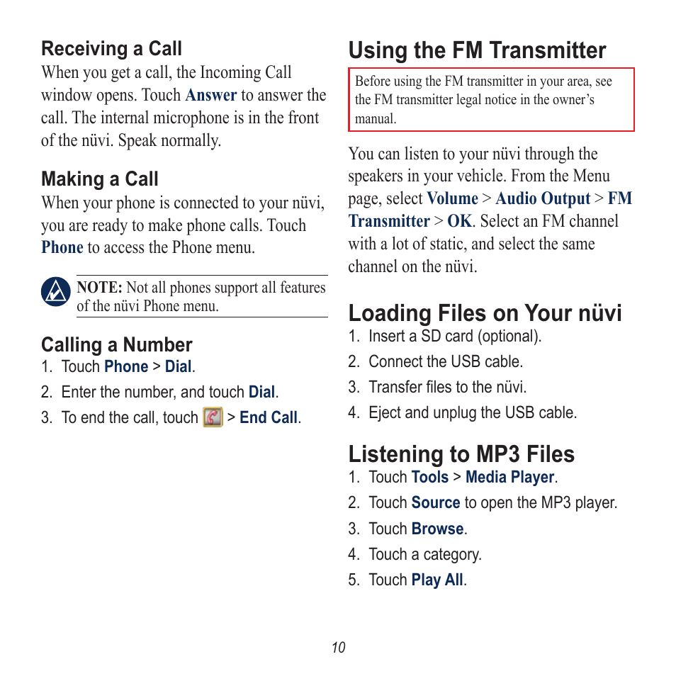 Receiving a call, Making a call, Calling a number | Using the fm transmitter, Loading files on your nüvi, Listening to mp3 files | Garmin nuvi 785 User Manual | Page 10 / 12