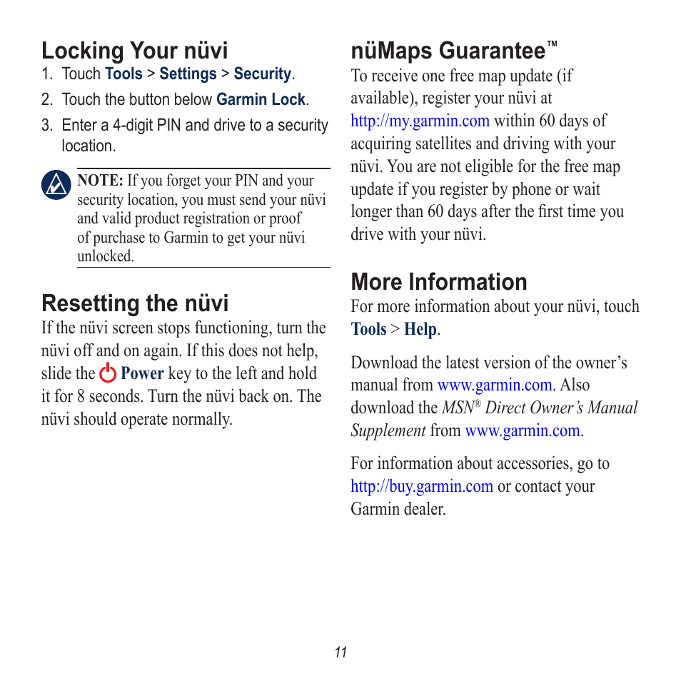 Locking your nüvi, Resetting the nüvi, More information | Nümaps guarantee | Garmin nuvi 785 User Manual | Page 11 / 12