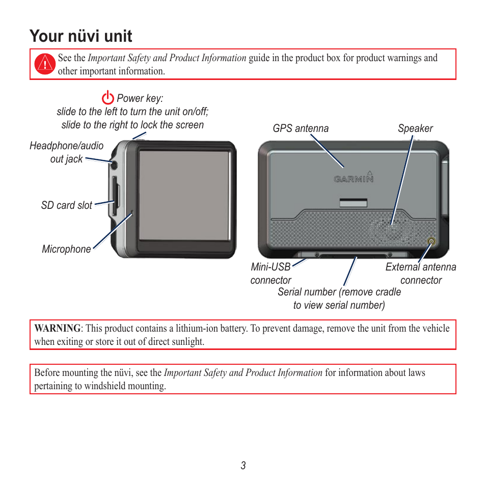 Your nüvi unit | Garmin nuvi 785 User Manual | Page 3 / 12