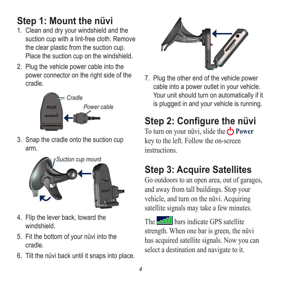 Step 1: mount the nüvi, Step 2: configure the nüvi, Step 3: acquire satellites | Garmin nuvi 785 User Manual | Page 4 / 12