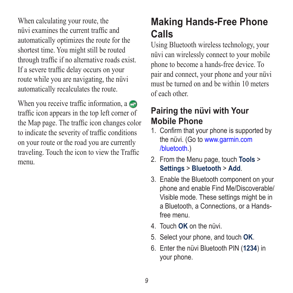 Making hands-free phone calls, Pairing the nüvi with your mobile phone | Garmin nuvi 785 User Manual | Page 9 / 12