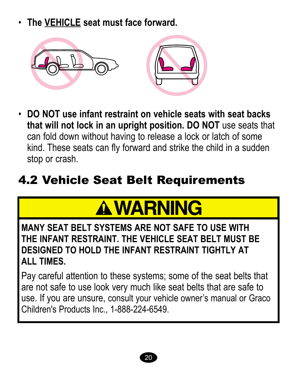 2 vehicle seat belt requirements | Graco Baby Carrier User Manual | Page 20 / 82