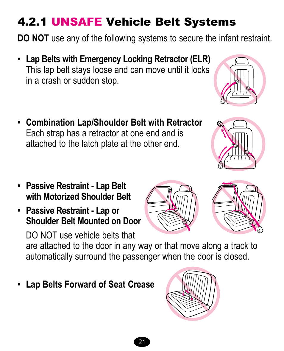 1 unsafe vehicle belt systems | Graco Baby Carrier User Manual | Page 21 / 82