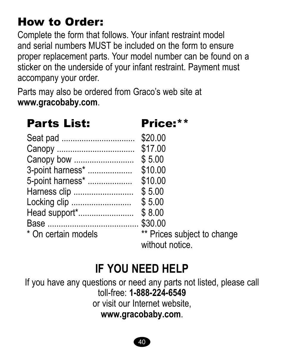 If you need help, How to order, Parts list | Price | Graco Baby Carrier User Manual | Page 40 / 82